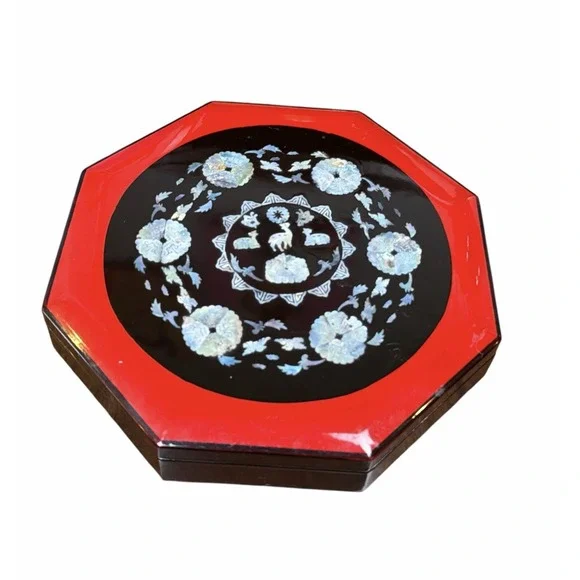 Vintage Korean Red Lacquer Mother-of-Pearl Inlay Deer Birds Octagon Storage Box